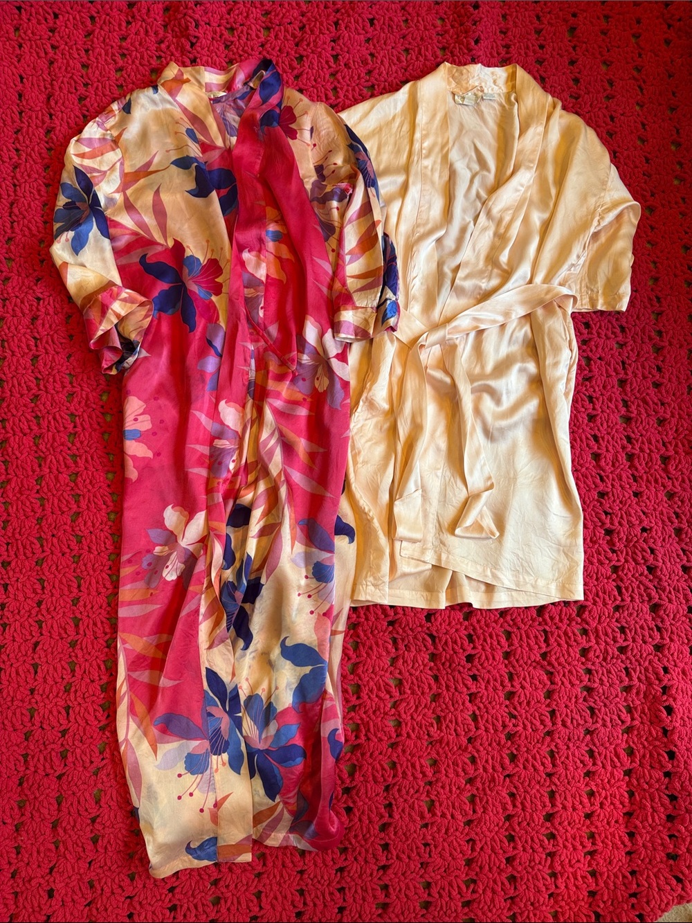 TWO silk robes (long floral and & light pink)